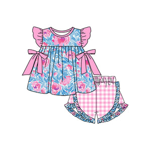 Pre-oedre GSSO1595 Girls pink flying shorts blue floral outfits (Deadline Dec.2）