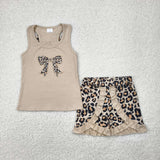 GSSO1603 Girls embroidered Leopard  bow outfits