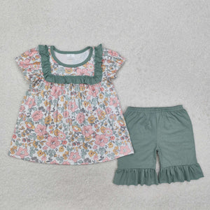 GSSO1607 Girls puff green sleeve floral shorts outfits