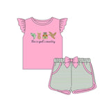 Pre-order GSSO1614 Girls pink embroidered flying sleeve duck shorts outfits