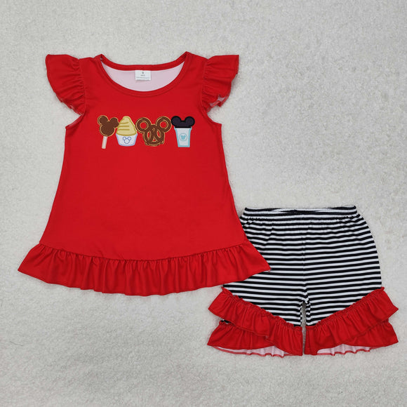 GSSO1616 Girls flying sleeve red mouse stripe shorts outfits