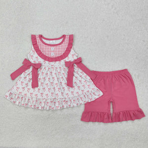 GSSO1639 Girls pink bow short sleeve shorts outfits