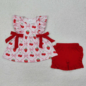 GSSO1640 Girls Strawberry sleeveless bow shorts outfits