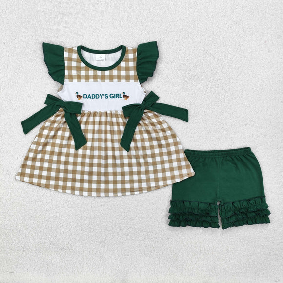 GSSO1646 Girls embroidered flying sleeve daddy's girl bow green outfits