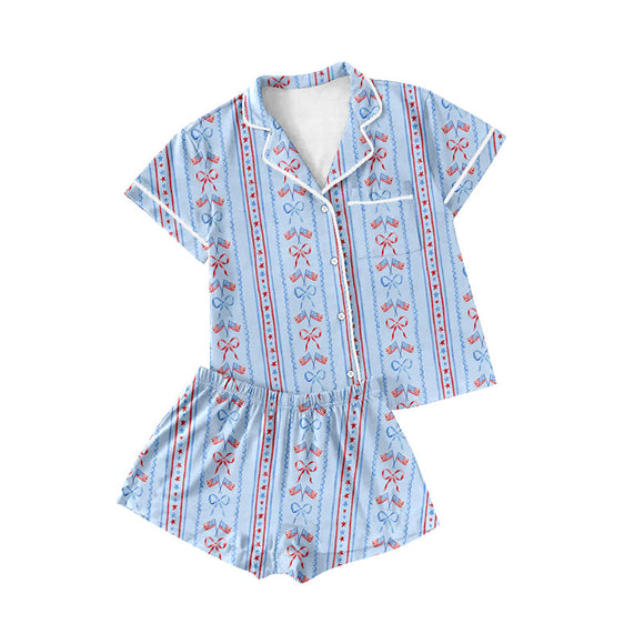 Pre-order GSSO1672 Blue bow short sleeves adult summer pajamas (Deadline Dec.16)