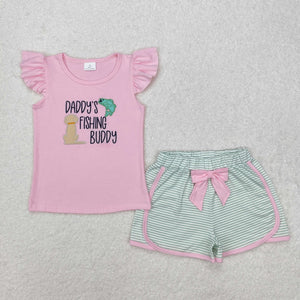 GSSO1673  girls embroidered daddy's fishing buddy pink shorts outfits