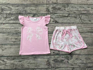 Pre-order GSSO1702 girls flying sleeve pink bow shorts Outfits