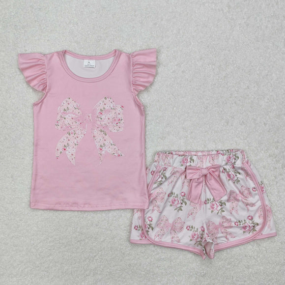 GSSO1702 girls flying sleeve pink bow shorts Outfits