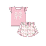 Pre-order GSSO1702 girls flying sleeve pink bow shorts Outfits