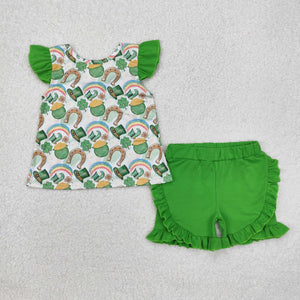 GSSO1713 girls St. Patrick's Day green bow shorts outfits