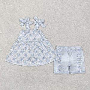 GSSO1716 girls blue plaid floral shorts outfits