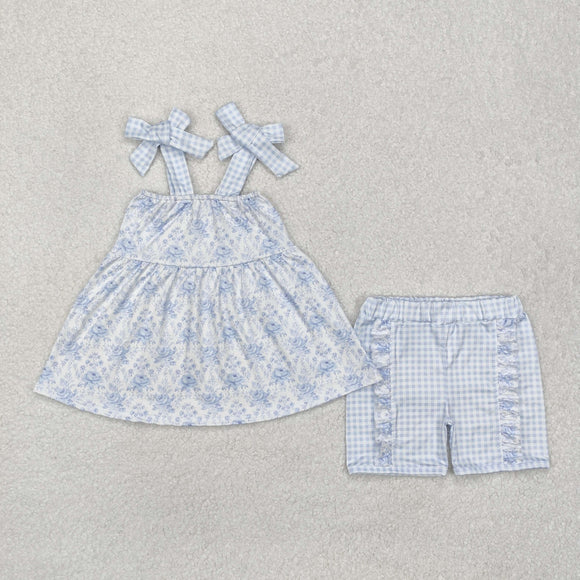 GSSO1716 girls blue plaid floral shorts outfits