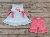 Pre-order GSSO1728 girls sleeveless embroidery tractor blue stripe red plaid shorts outfits