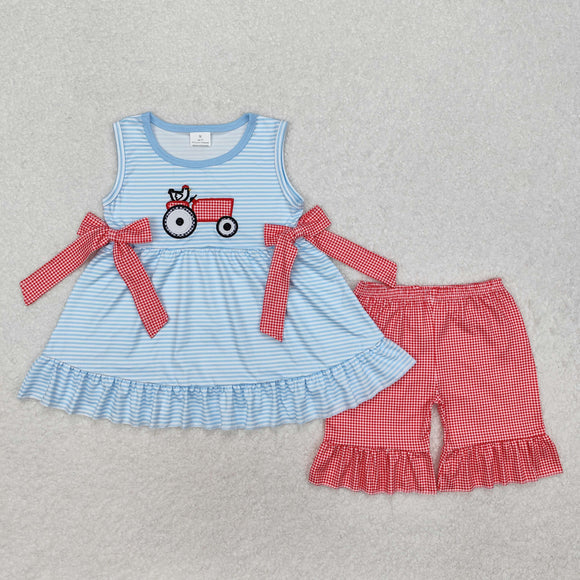 GSSO1728 girls sleeveless embroidered tractor blue stripe red plaid shorts outfits