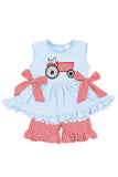 Pre-order GSSO1728 girls sleeveless embroidery tractor blue stripe red plaid shorts outfits