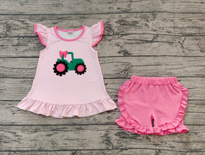 Pre-order GSSO1757 girls tractor pink flying sleeve shorts outfits