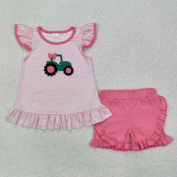 GSSO1757 girls embroidered tractor pink flying sleeve shorts outfits