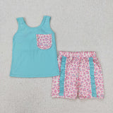 GSSO1784 girls blue sleeveless pocket shorts floral outfits