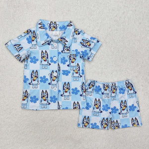 GSSO1800 girls blue short sleeve cartoon dog outfits