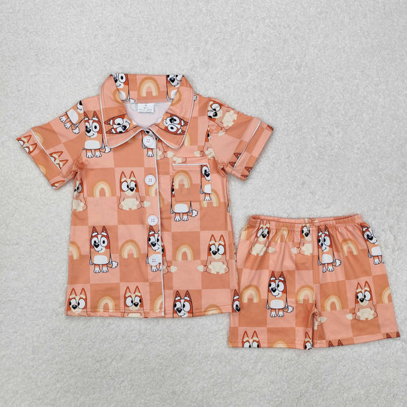 GSSO1801 girls orange short sleeve cartoon dog outfits