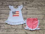 Pre-order GSSO1822 girls blue flying sleeve embroidered red plaid shorts outfits