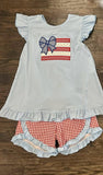 Pre-order GSSO1822 girls blue flying sleeve embroidered red plaid shorts outfits