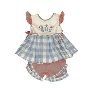 Pre-order GSSO1831 girls red stripe flying sleeve blue checked outfits（Deadline Jan.13）