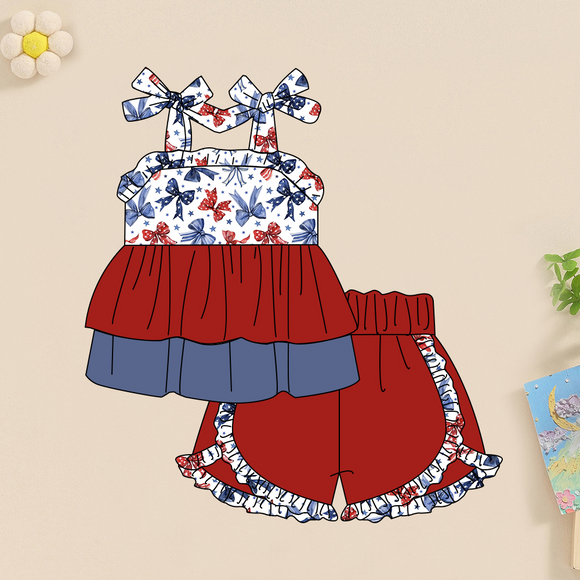 Pre-order GSSO1832 girls July Fourth blue red bow outfits（Deadline Jan.13）