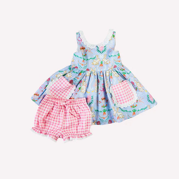 Pre-order GSSO1833 girls Easter blue bunny red checked outfits（Deadline Jan.13）