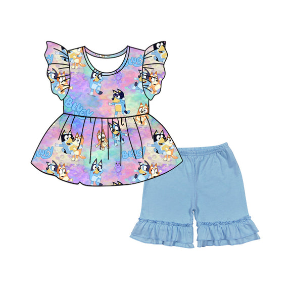 Pre-order GSSO1838 girls flying sleeve cartoon dog blue shorts outfits（Deadline Jan.14）