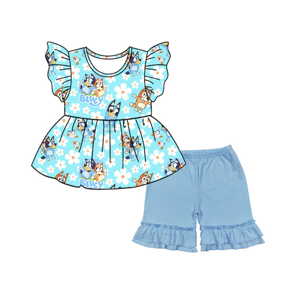 Pre-order GSSO1839 girls flying sleeve cartoon dog flower blue shorts outfits（Deadline Jan.14）