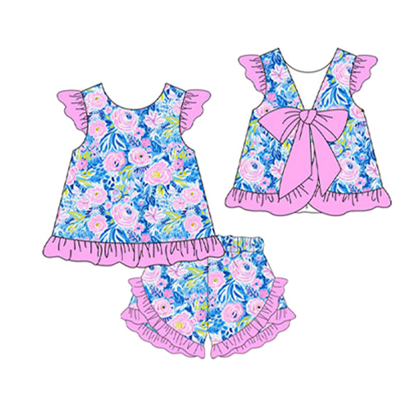 Pre-order GSSO1842 girls rose flying sleeve bow shorts outfits（Deadline Jan.14）