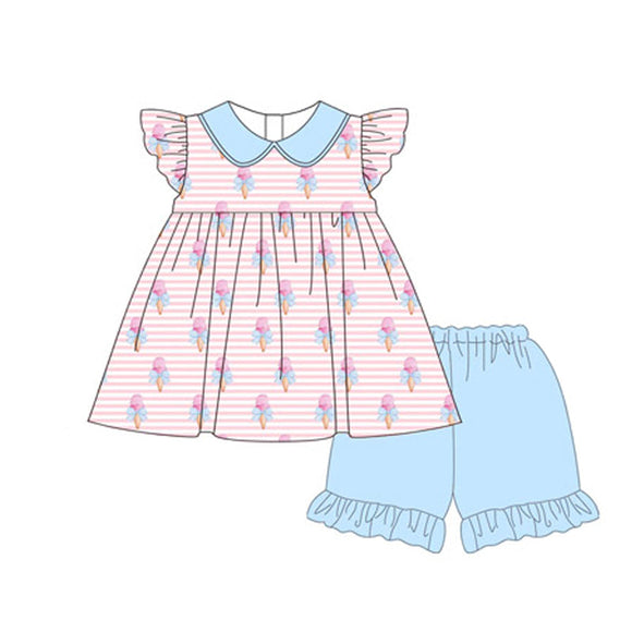 Pre-order GSSO1844 girls pink stripe flying sleeve bow blue shorts outfits（Deadline Jan.14）