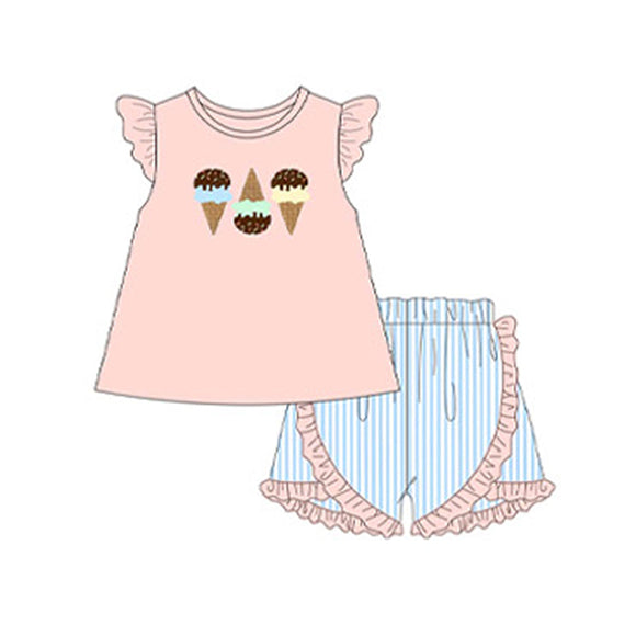 Pre-order GSSO1845 girls pink orange flying sleeve icecream blue stripe shorts outfits（Deadline Jan.14）