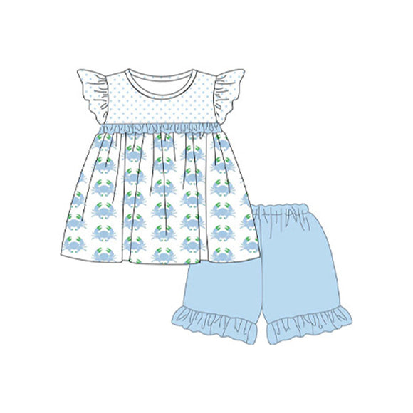 Pre-order GSSO1847 girls flying sleeve blue green crab shorts outfits（Deadline Jan.14）