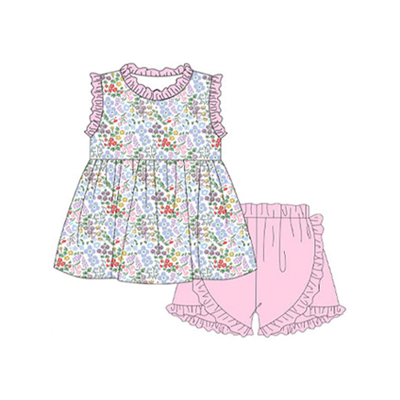 Pre-order GSSO1848 girls floral sleeveless pink shorts outfits（Deadline Jan.14）