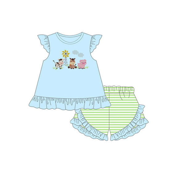 Pre-order GSSO1849 girls blue flying sleeve green stripe shorts outfits（Deadline Jan.14）