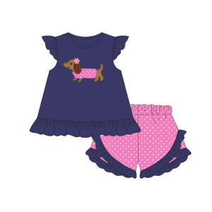 Pre-order GSSO1850 girls dark blue flying sleeve puppy rose dot shorts outfits（Deadline Jan.14）