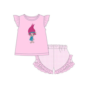 Pre-order GSSO1851 girls pink flying sleeve cartoon checked shorts outfits（Deadline Jan.14）