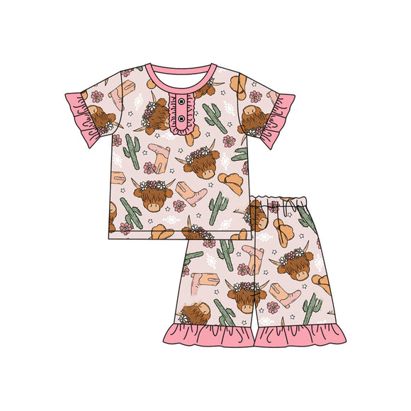 Pre-order GSSO1853 girls short sleeve bull cactus pink shorts pajamas（Deadline Jan.14）