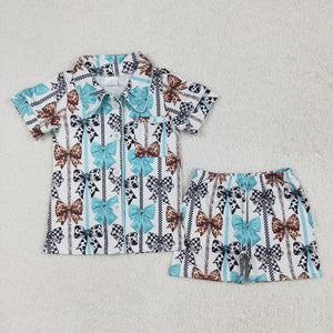 GSSO1858 girls short sleeve blue black bow shorts pajamas