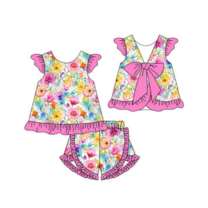 Pre-order GSSO1864 girls rose flying sleeve floral bow shorts outfits（Deadline Jan.15）