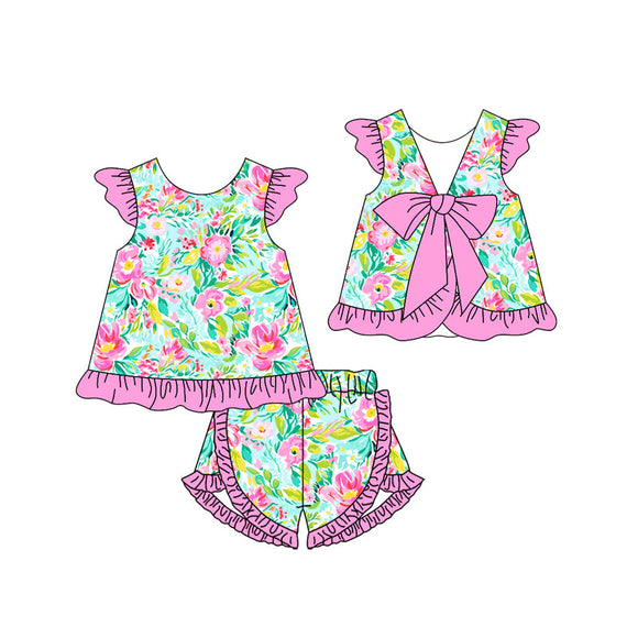 Pre-order GSSO1865 girls light rose flying sleeve floral bow shorts outfits（Deadline Jan.15）