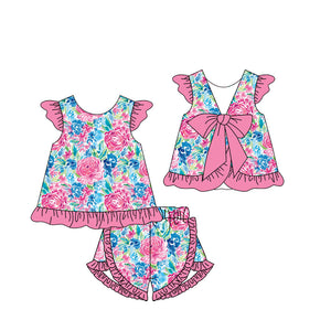 Pre-order GSSO1866 girls pink flying sleeve floral bow shorts outfits（Deadline Jan.15）