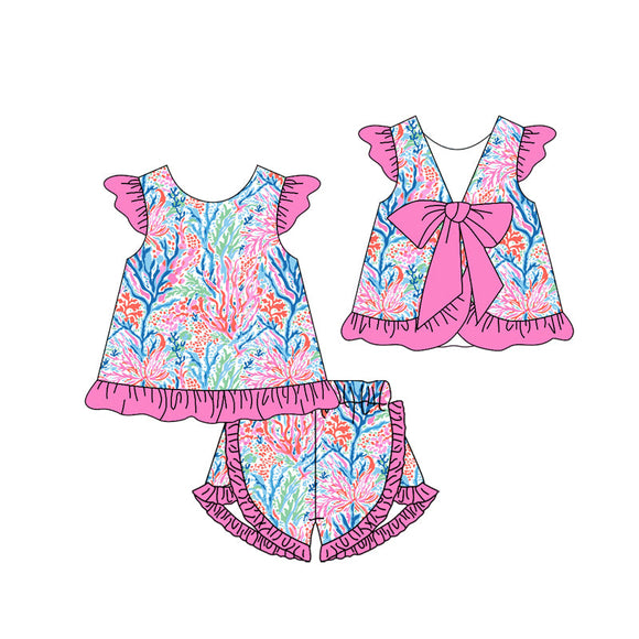 Pre-order GSSO1867 girls rose flying sleeve branch bow shorts outfits（Deadline Jan.15）