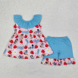 GSSO1904 girls blue floral sleeveless cartoon dog Strawberry shorts outfits