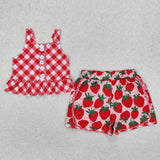 GSSO2037 girls red checkered strawberry shorts outfits