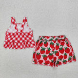 GSSO2037 girls red checkered strawberry shorts outfits