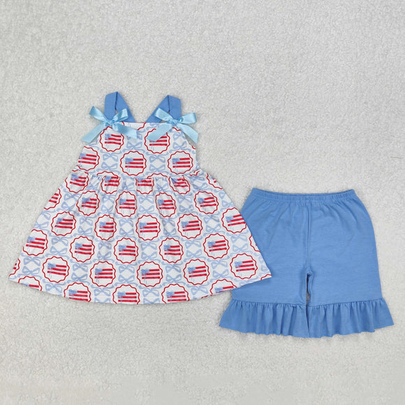 GSSO2074 girls July Fourth blue bow shorts outfits