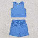 GSSO2132 baby girls blue sleeveless shorts outfits Yoga